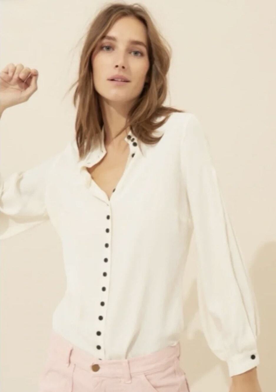 BA&SH Nova Blanc Crepe Lady Shirt — L Ivory French Girl Minimalist Blouse